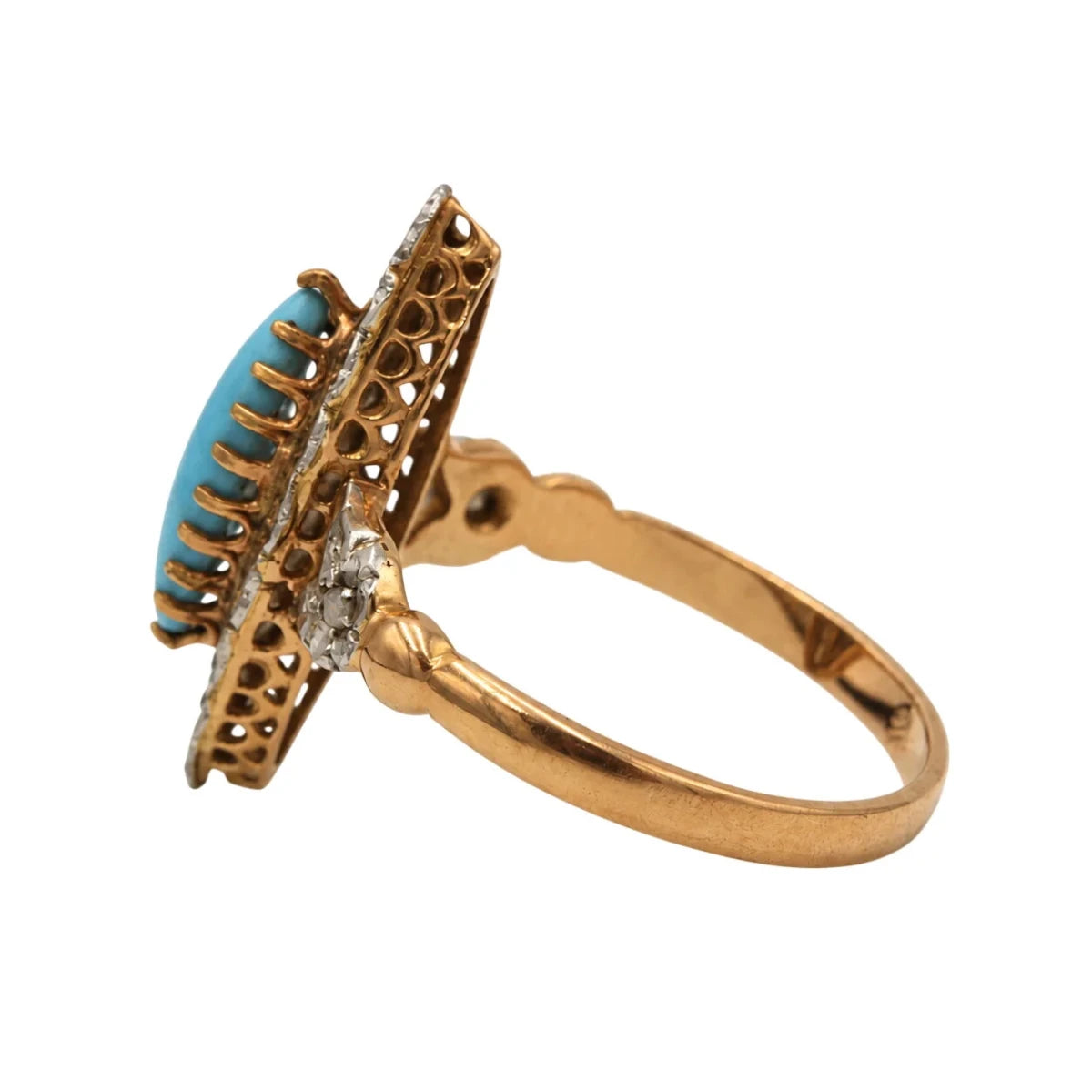 Bague Marquise en or blanc, or rose, turquoise et diamants - Castafiore