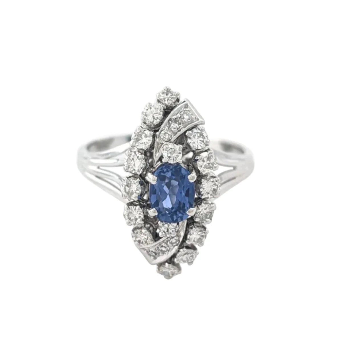 Bague Marquise en or blanc, saphir et diamants - Castafiore