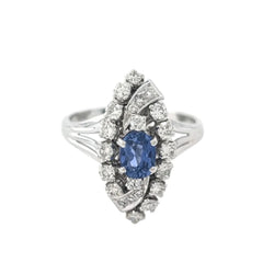 Bague Marquise en or blanc, saphir et diamants - Castafiore