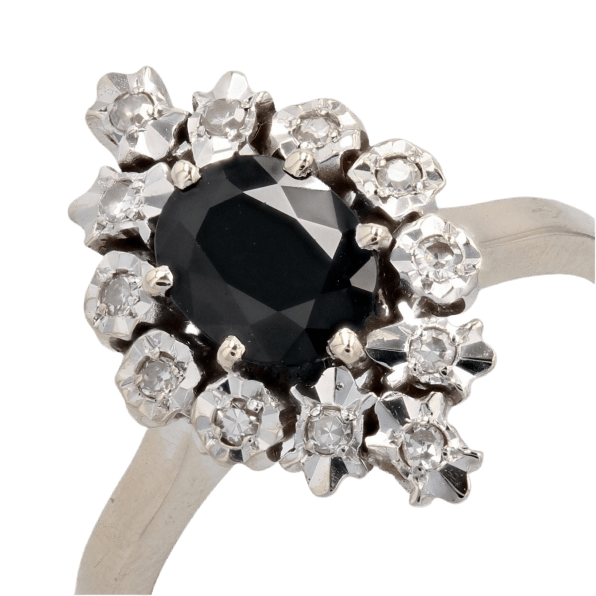 Bague Marquise en or blanc, saphir et et diamants - Castafiore