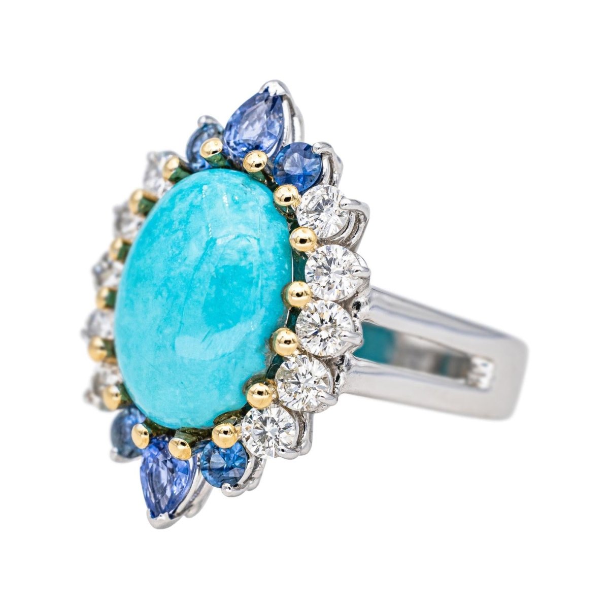 Bague Marquise en or blanc, turquoise, saphirs et diamants - Castafiore