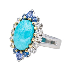 Bague Marquise en or blanc, turquoise, saphirs et diamants - Castafiore