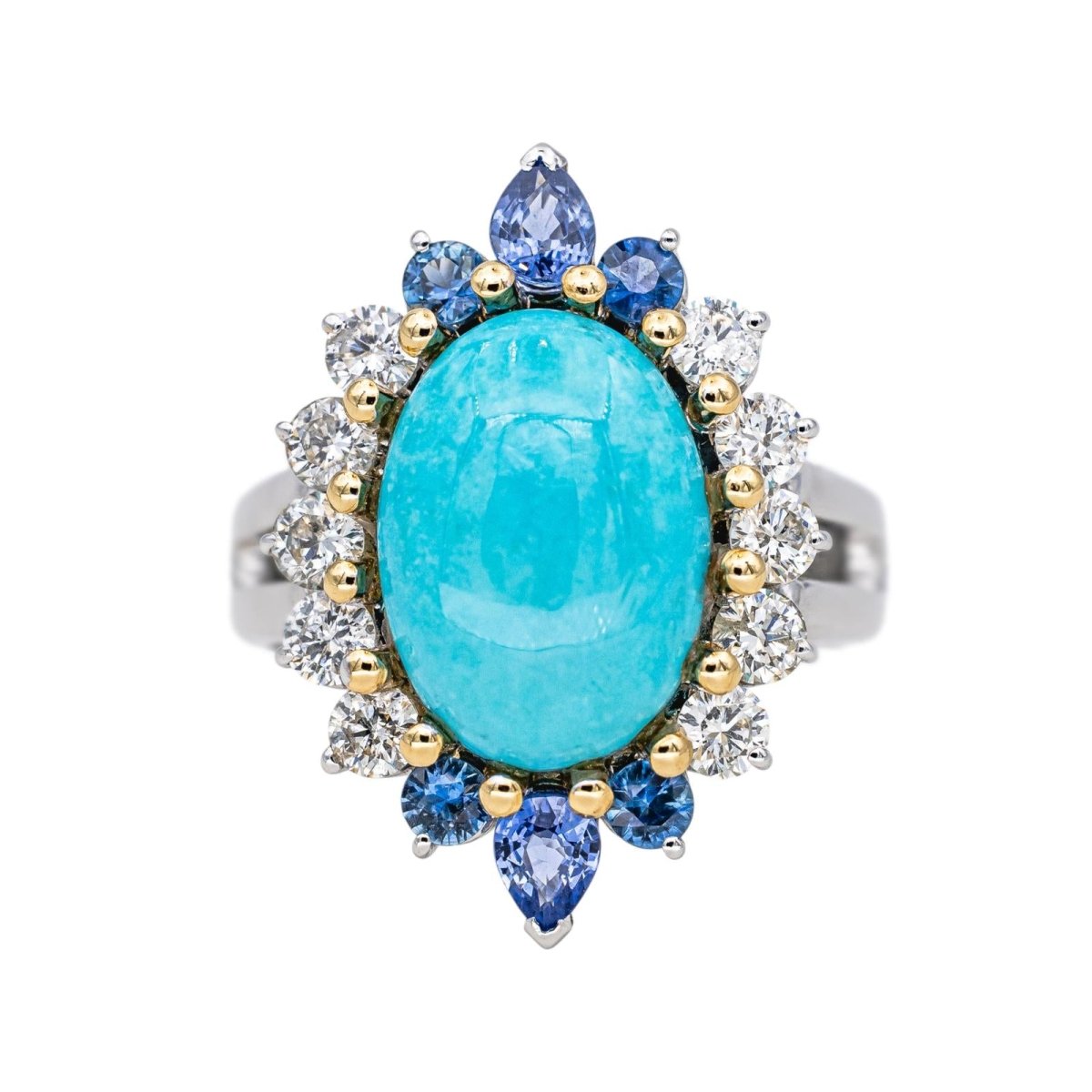 Bague Marquise en or blanc, turquoise, saphirs et diamants - Castafiore