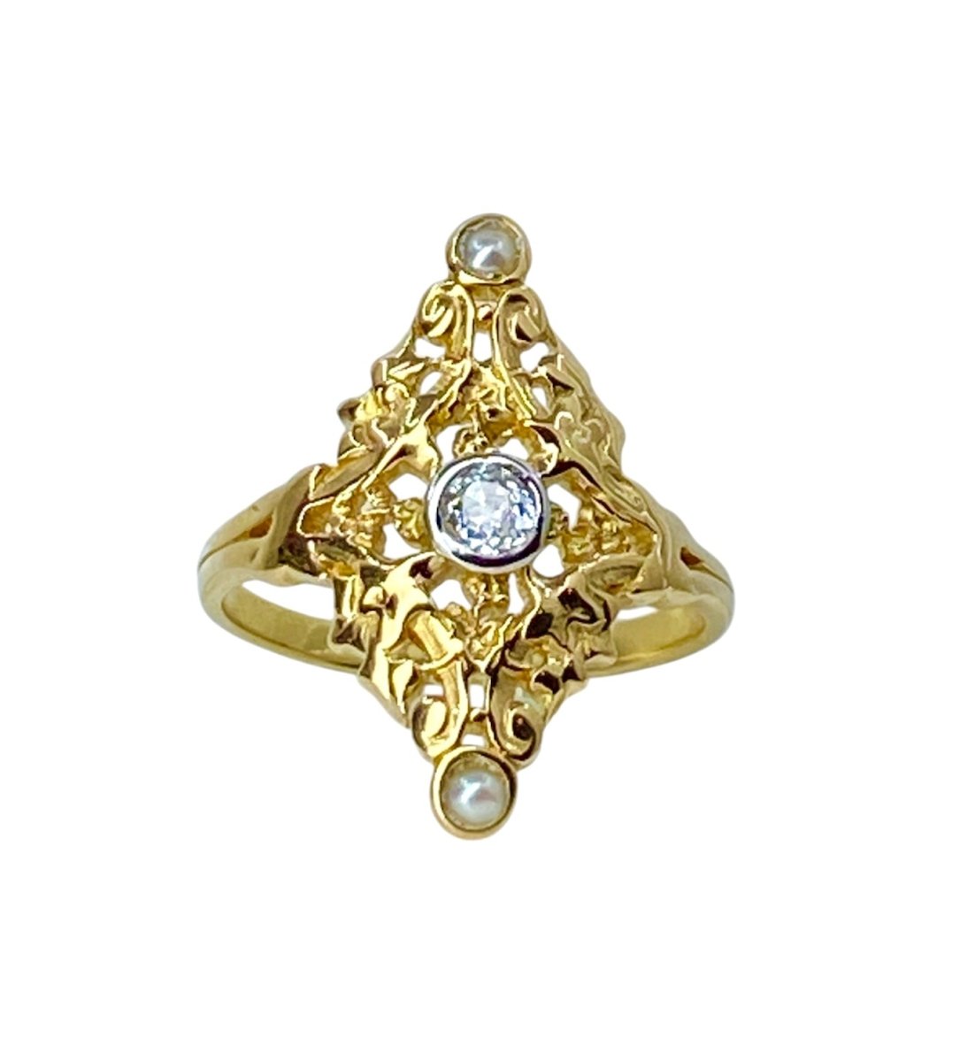 Bague marquise en or jaune 18 carats, diamant et perles - Castafiore