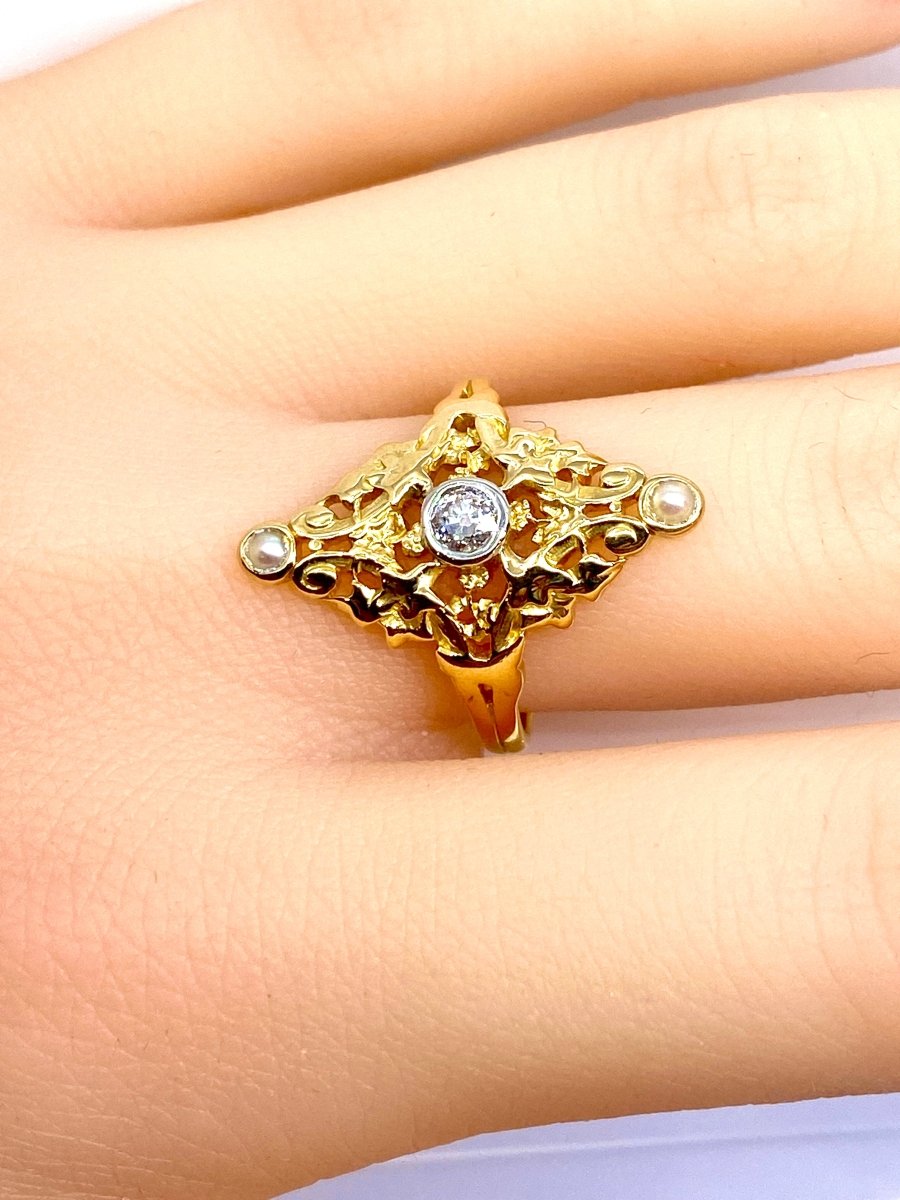 Bague marquise en or jaune 18 carats, diamant et perles - Castafiore