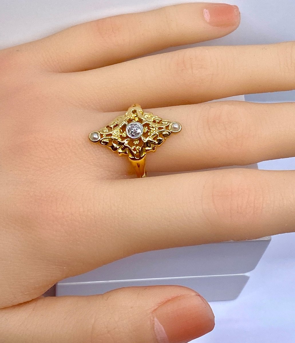 Bague marquise en or jaune 18 carats, diamant et perles - Castafiore