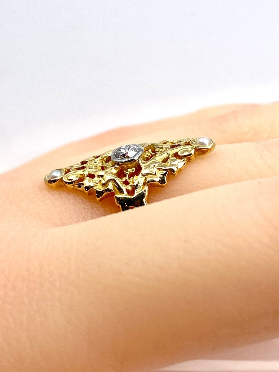Bague marquise en or jaune 18 carats, diamant et perles - Castafiore