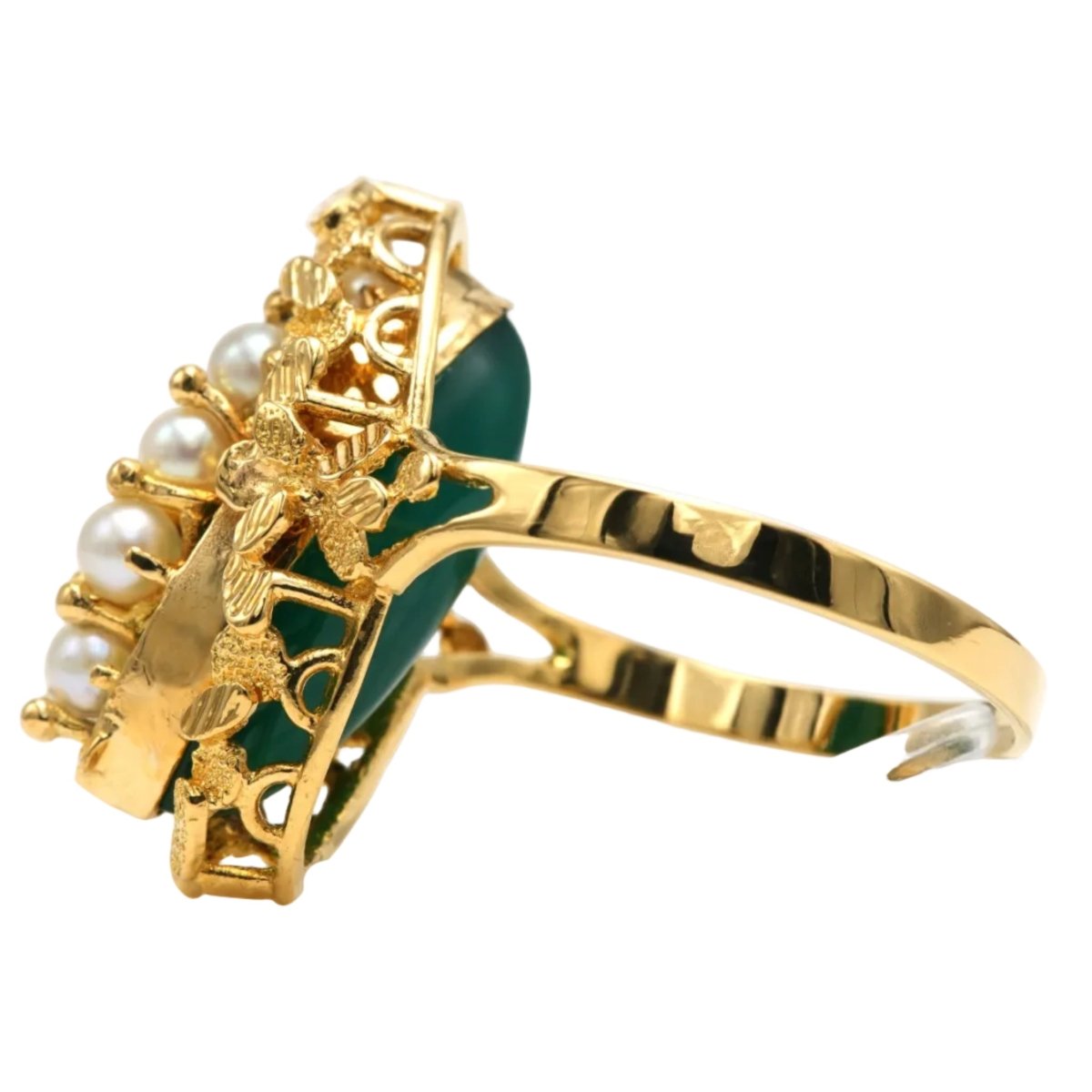 Bague Marquise en or jaune, chrysoprases et perles - Castafiore