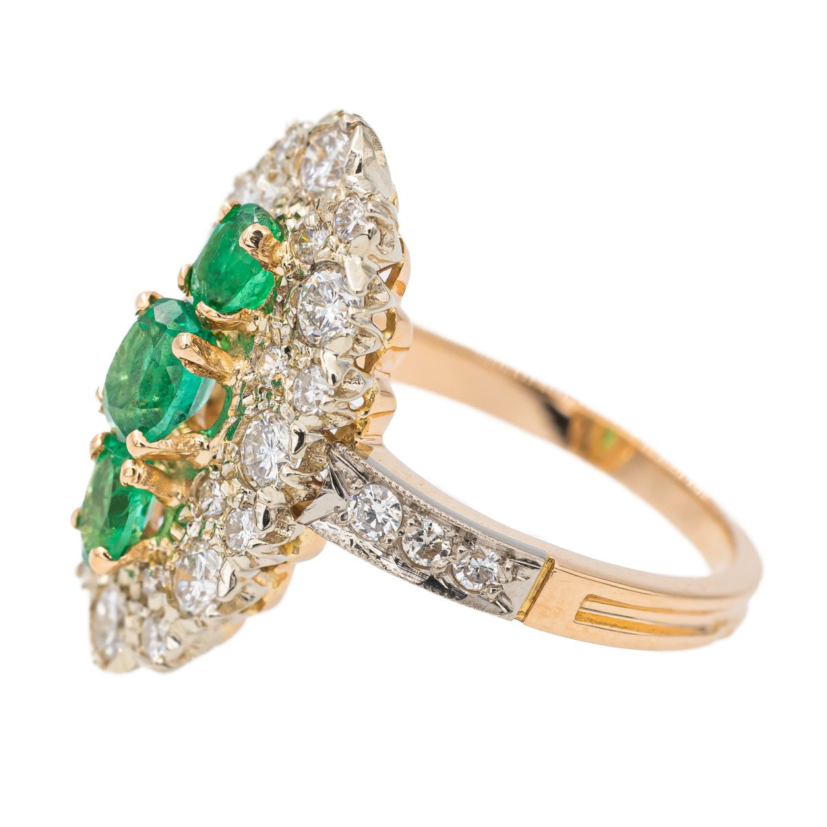 Bague Marquise en or jaune, émeraude et diamant - Castafiore