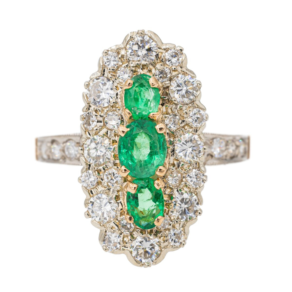 Bague Marquise en or jaune, émeraude et diamant - Castafiore