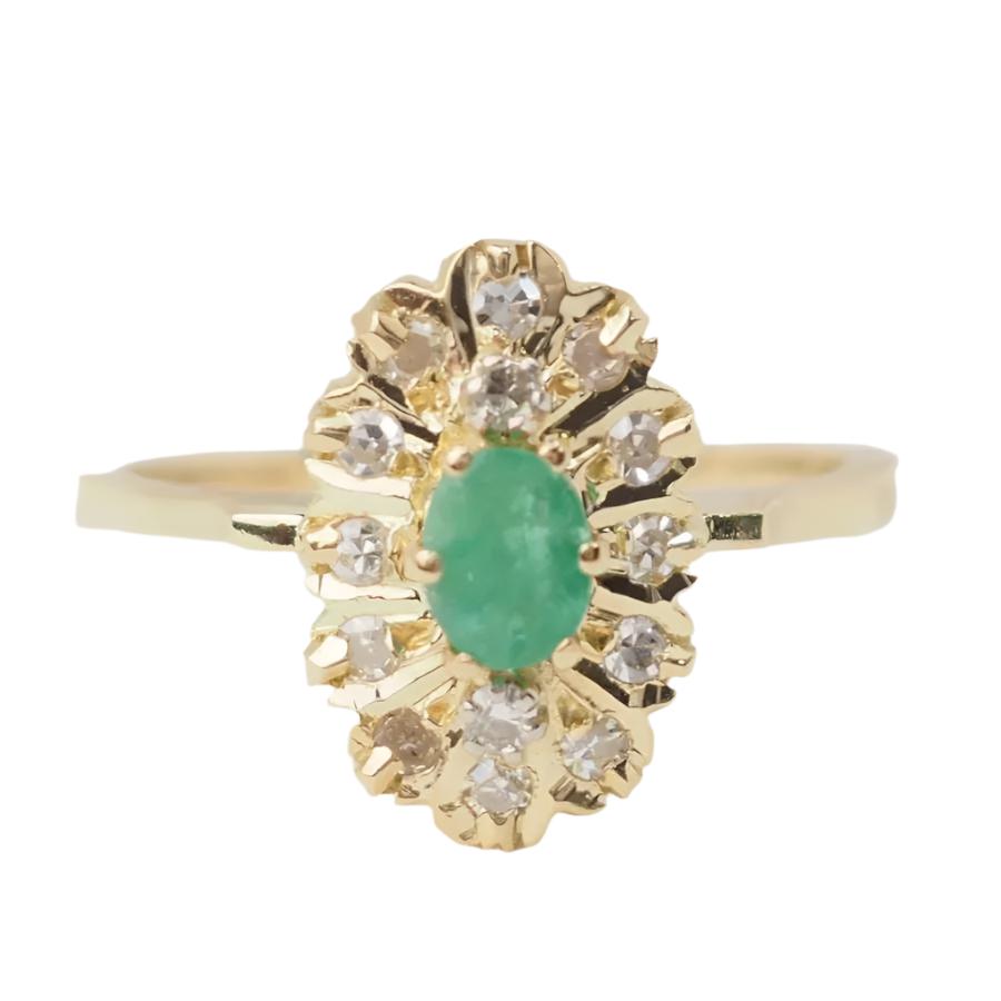 Bague Marquise en or jaune, émeraude et diamants - Castafiore