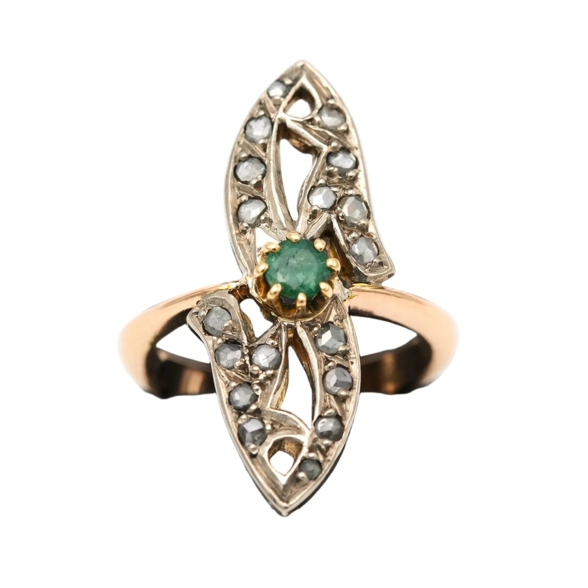 Bague Marquise en or jaune, émeraude et diamants - Castafiore