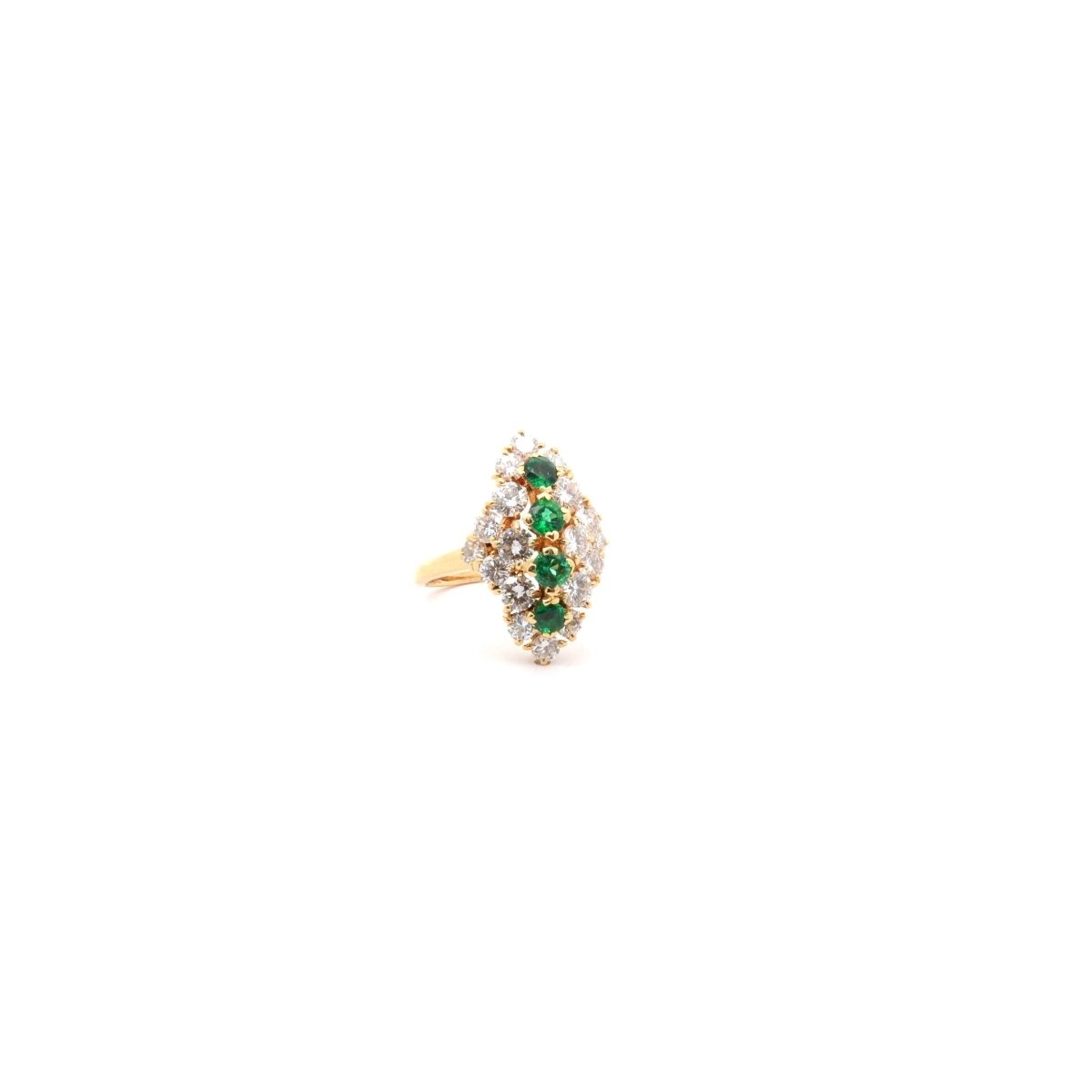 Bague Marquise en or jaune, émeraudes et diamants - Castafiore