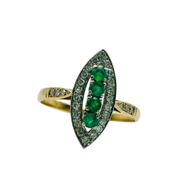 Bague Marquise en or jaune, émeraudes, et diamants - Castafiore