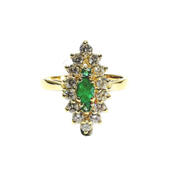 Bague Marquise en or jaune, émeraudes et diamants - Castafiore