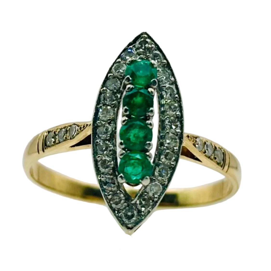 Bague Marquise en or jaune, émeraudes, et diamants - Castafiore