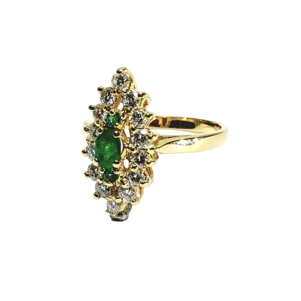 Bague Marquise en or jaune, émeraudes et diamants - Castafiore