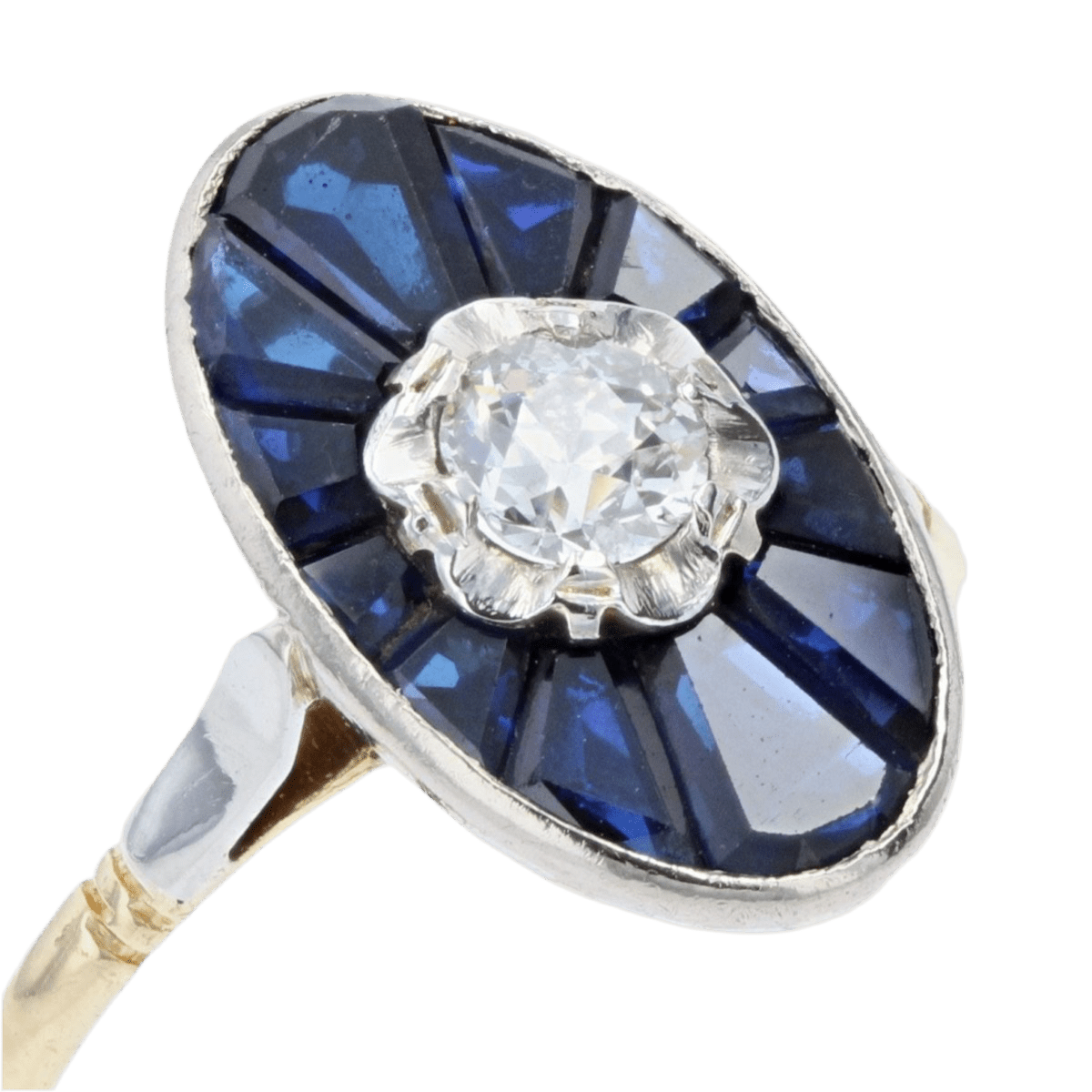 Bague Marquise en or jaune, or blanc, saphirs et diamant - Castafiore