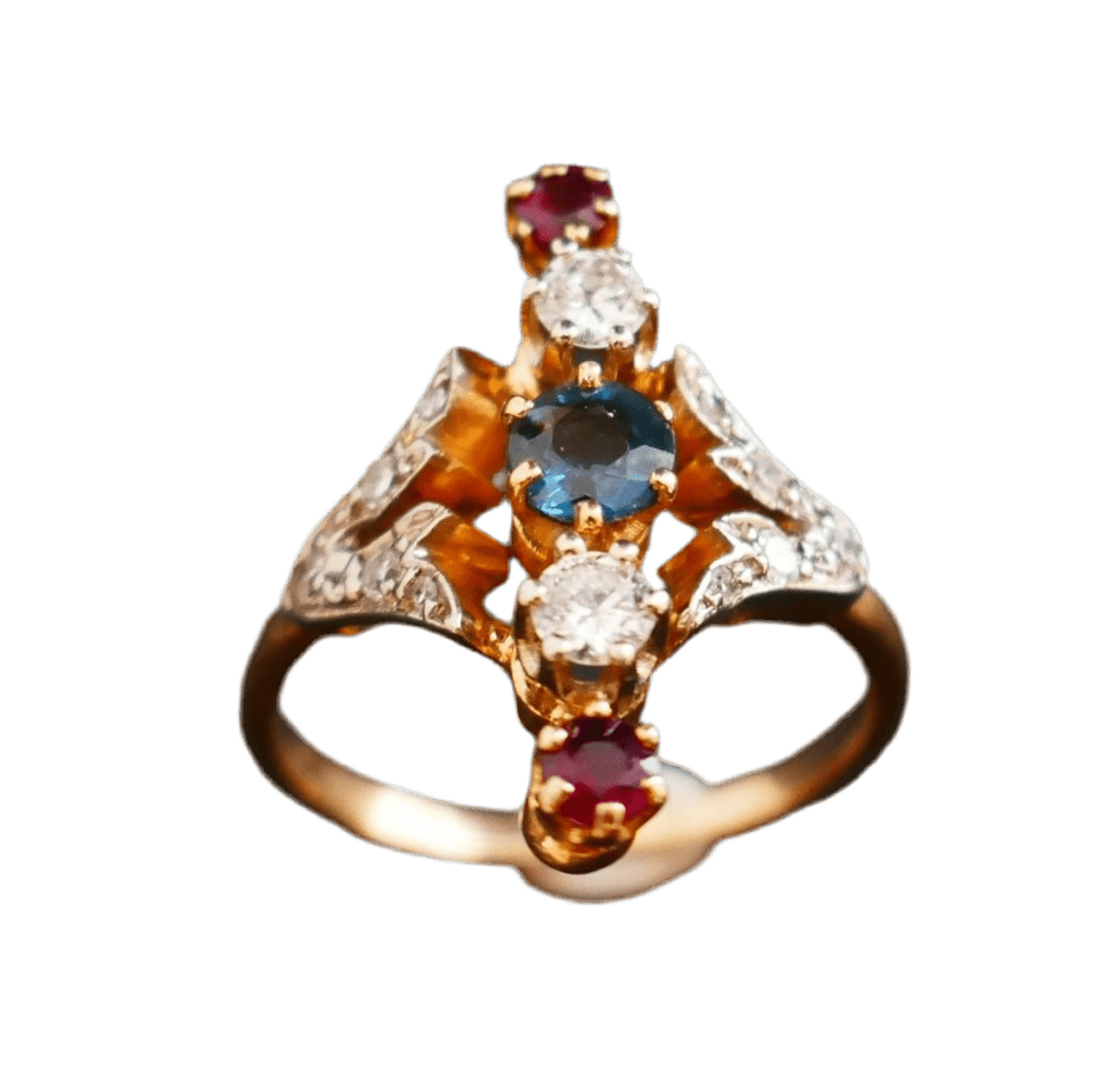 Bague Marquise en or jaune, or blanc, saphirs, rubis et diamants - Castafiore