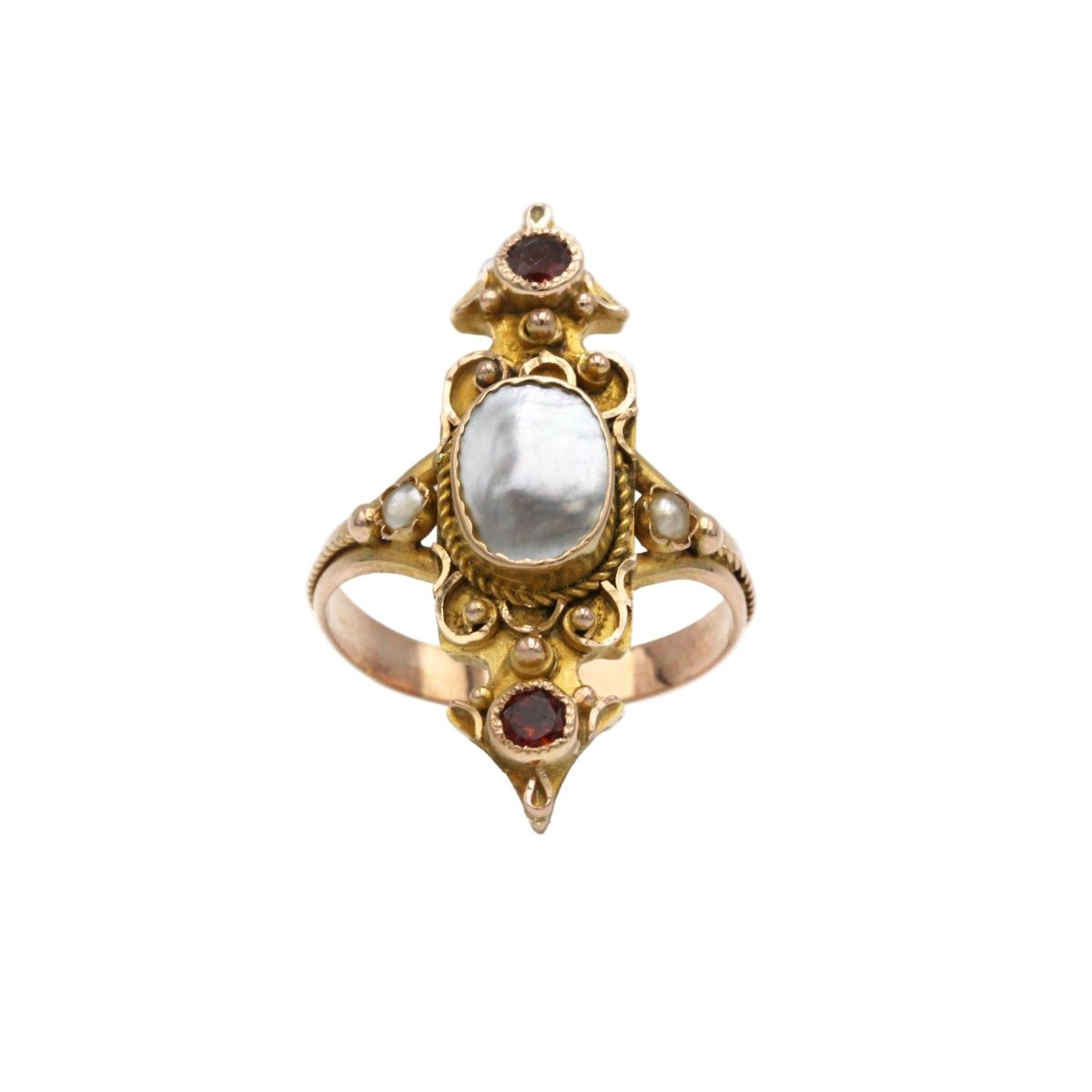 Bague Marquise en or jaune, or rose, nacre, perles et grenats - Castafiore