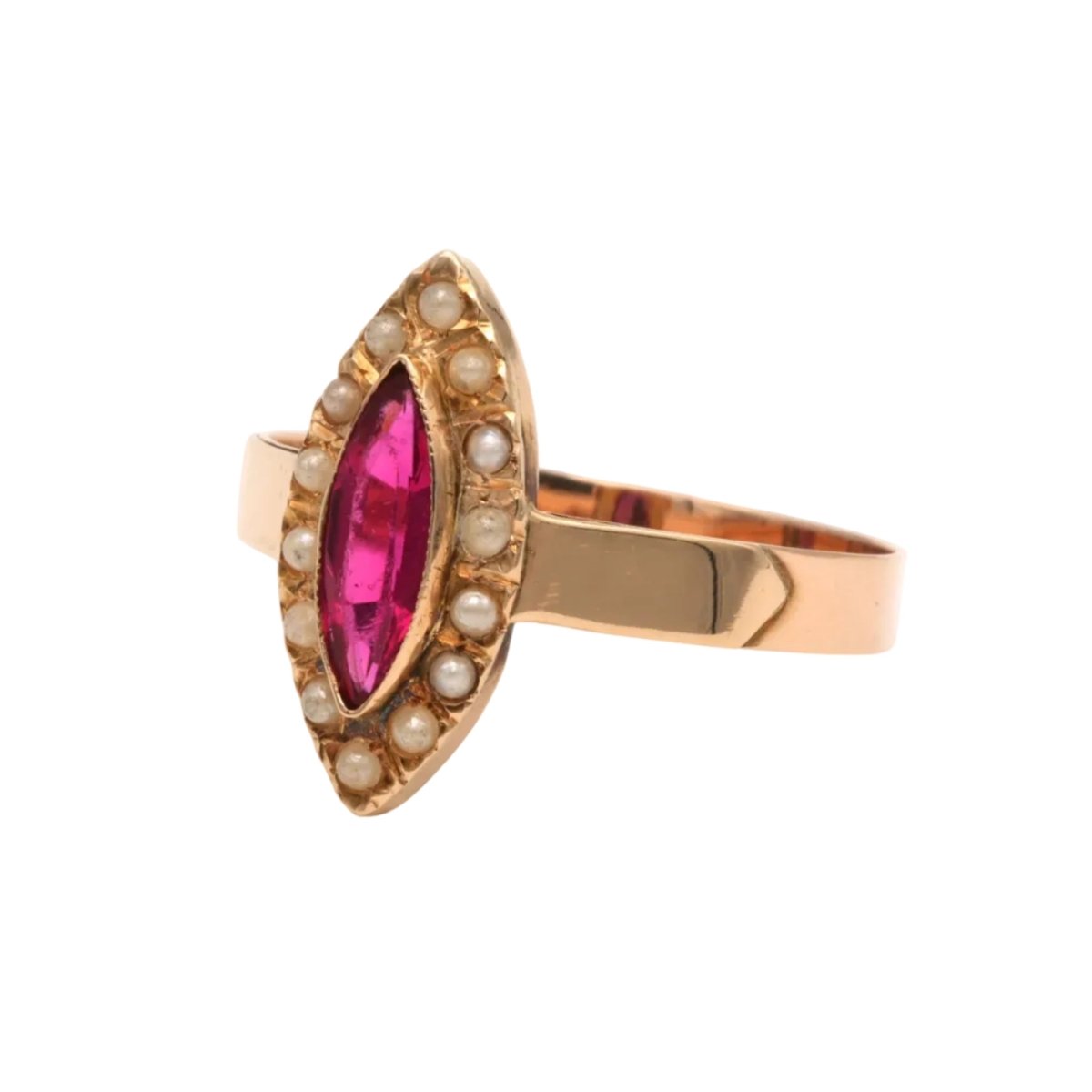 Bague Marquise en or jaune, perles et rubis - Castafiore
