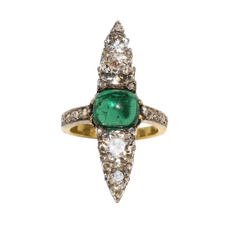 Bague Marquise en or jaune, platine, émeraude et diamants - Castafiore