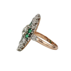 Bague Marquise en or jaune, platine, émeraudes et diamants - Castafiore