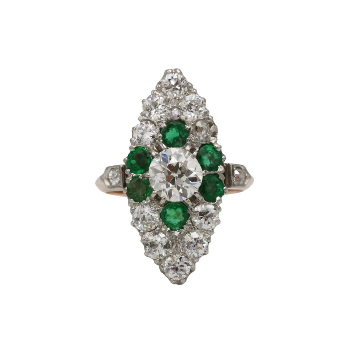 Bague Marquise en or jaune, platine, émeraudes et diamants - Castafiore