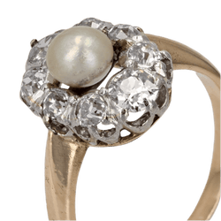Bague Marquise en or jaune, platine, perle et diamants - Castafiore