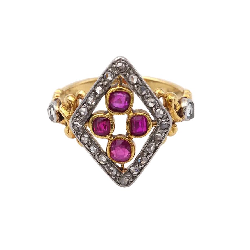 Bague Marquise en or jaune, platine, rubis et diamants - Castafiore