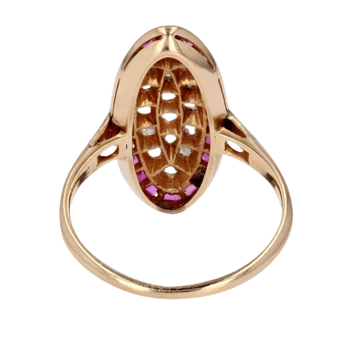 Bague Marquise en or jaune, platine, rybis et diamants - Castafiore