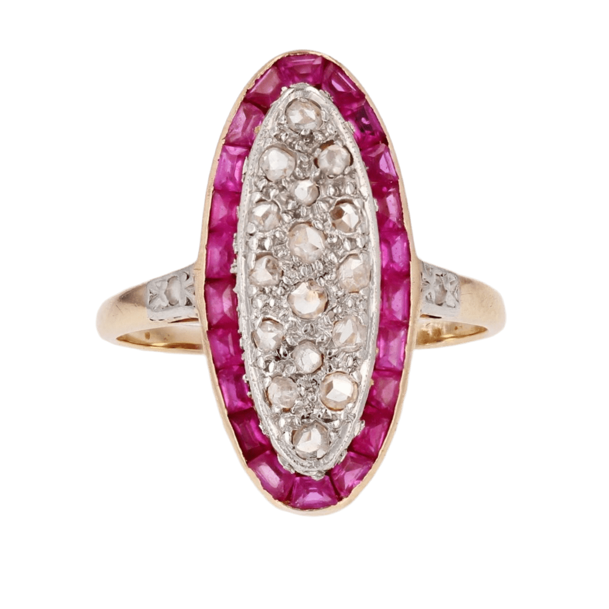 Bague Marquise en or jaune, platine, rybis et diamants - Castafiore