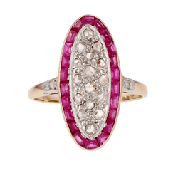 Bague Marquise en or jaune, platine, rybis et diamants - Castafiore