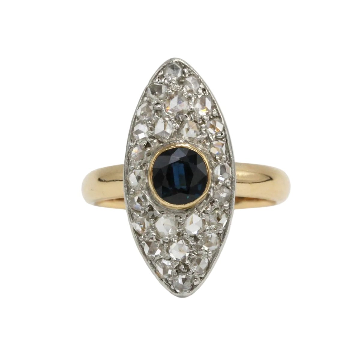 Bague Marquise en or jaune, platine, saphir et diamants - Castafiore