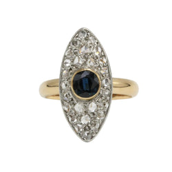 Bague Marquise en or jaune, platine, saphir et diamants - Castafiore