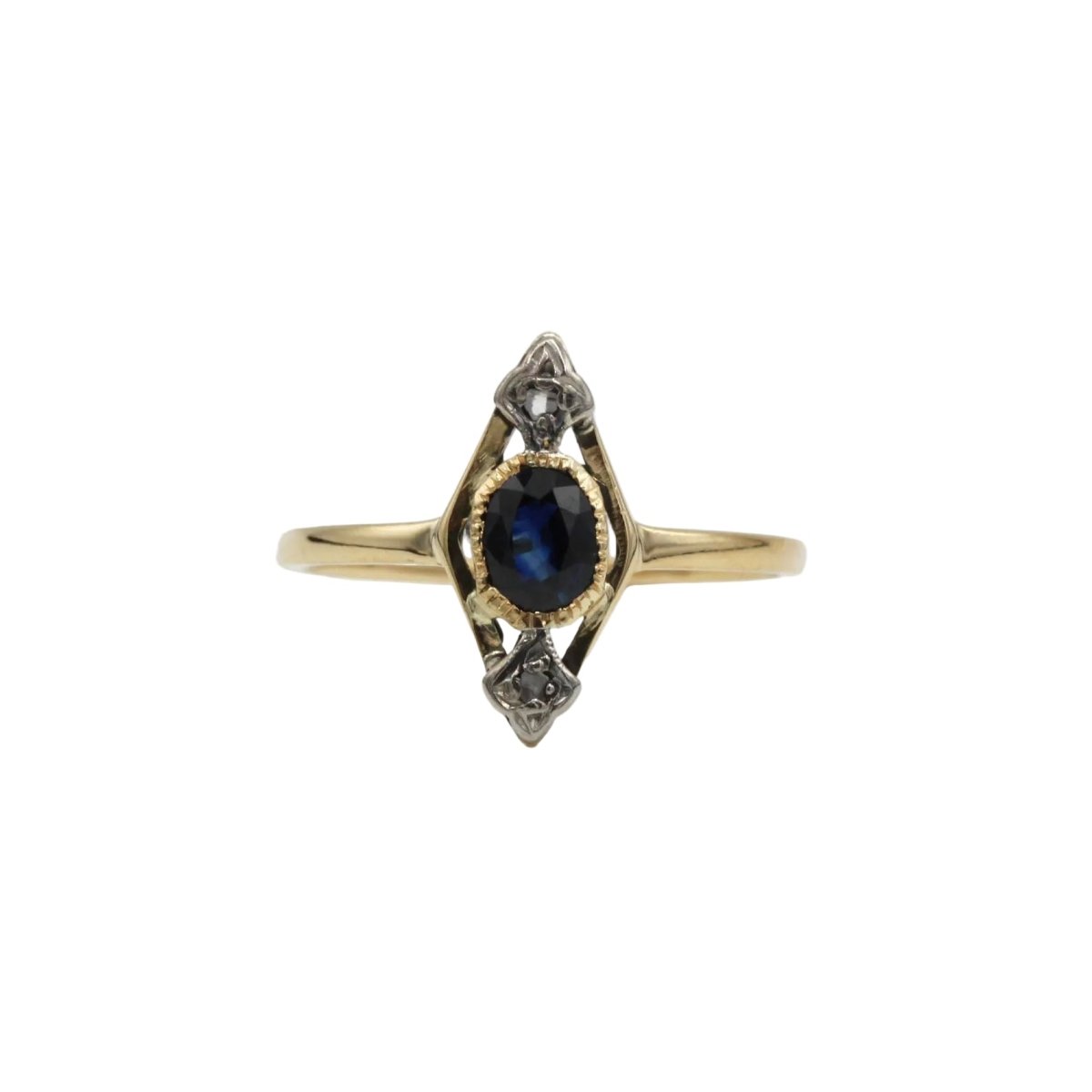 Bague Marquise en or jaune, platine, saphir et diamants - Castafiore