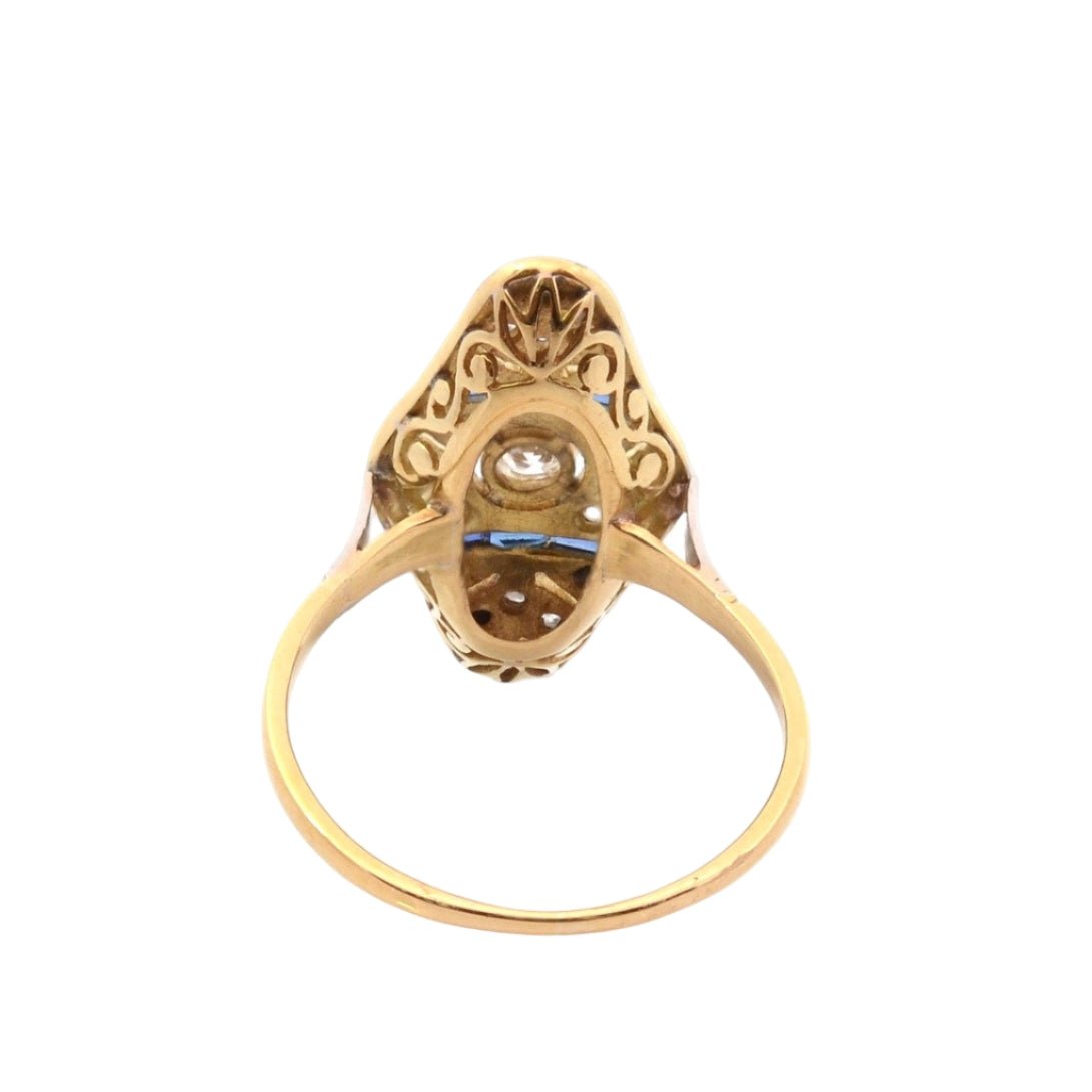 Bague Marquise en or jaune, platine, saphirs et diamants - Castafiore