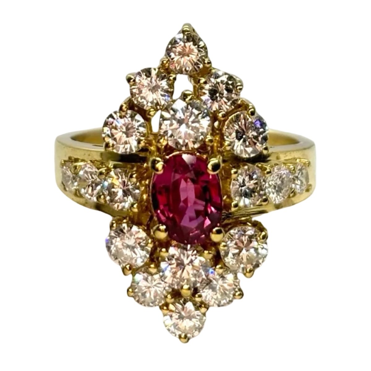 Bague Marquise en or jaune, rubis, et diamants - Castafiore
