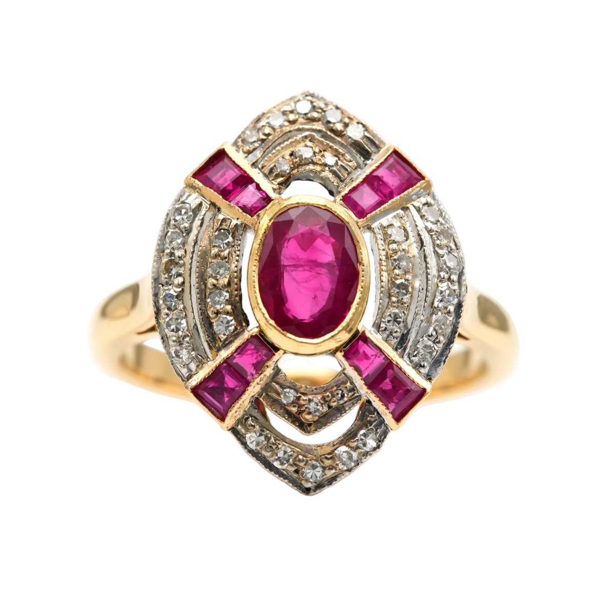 Bague Marquise en or jaune, rubis et diamants - Castafiore