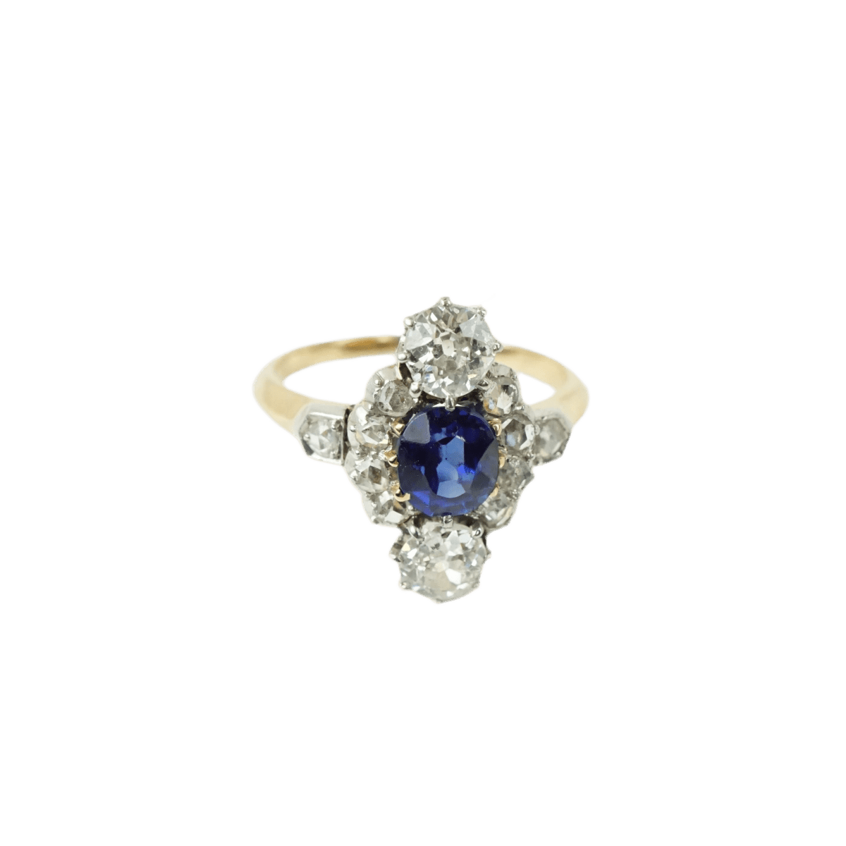 Bague Marquise en or jaune, saphir et diamants - Castafiore