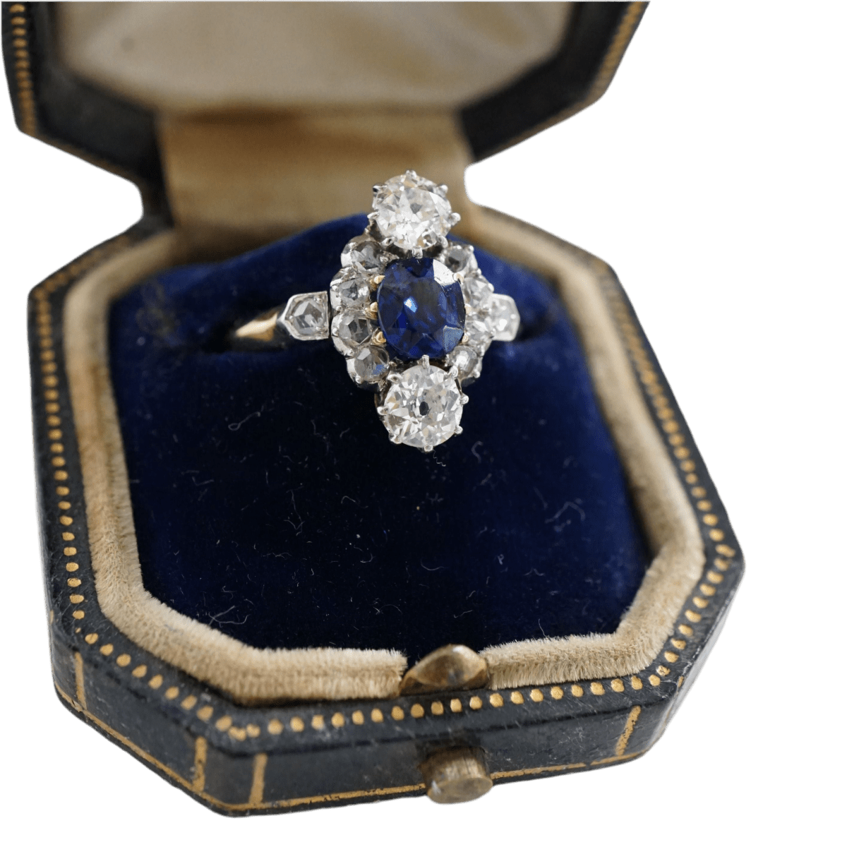 Bague Marquise en or jaune, saphir et diamants - Castafiore