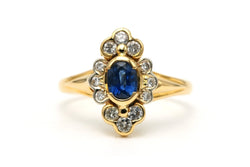 Bague Marquise en or jaune, saphir et diamants - Castafiore