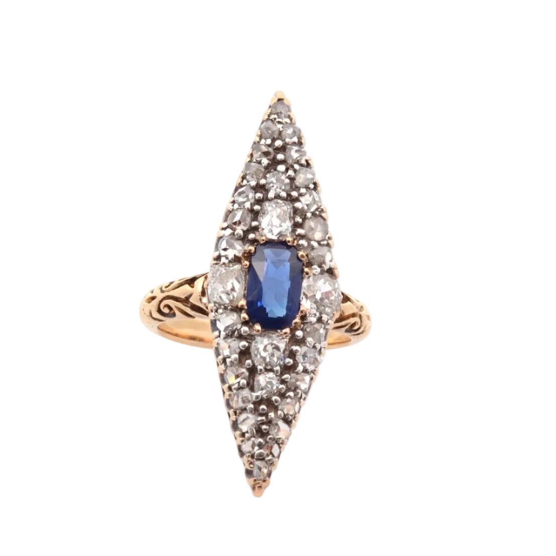 Bague Marquise en or jaune, saphir et diamants - Castafiore