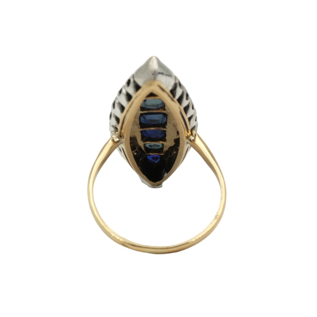 Bague Marquise en or jaune, saphirs et diamants - Castafiore