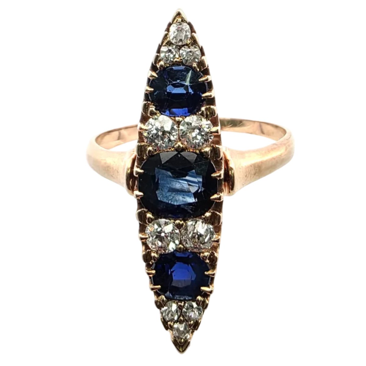 Bague Marquise en or jaune, saphirs et diamants - Castafiore
