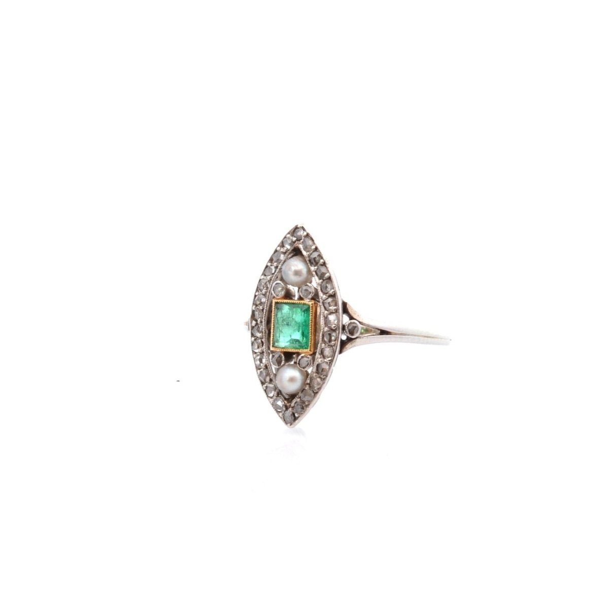 Bague Marquise en or, platine, émeraude, perles et diamants - Castafiore