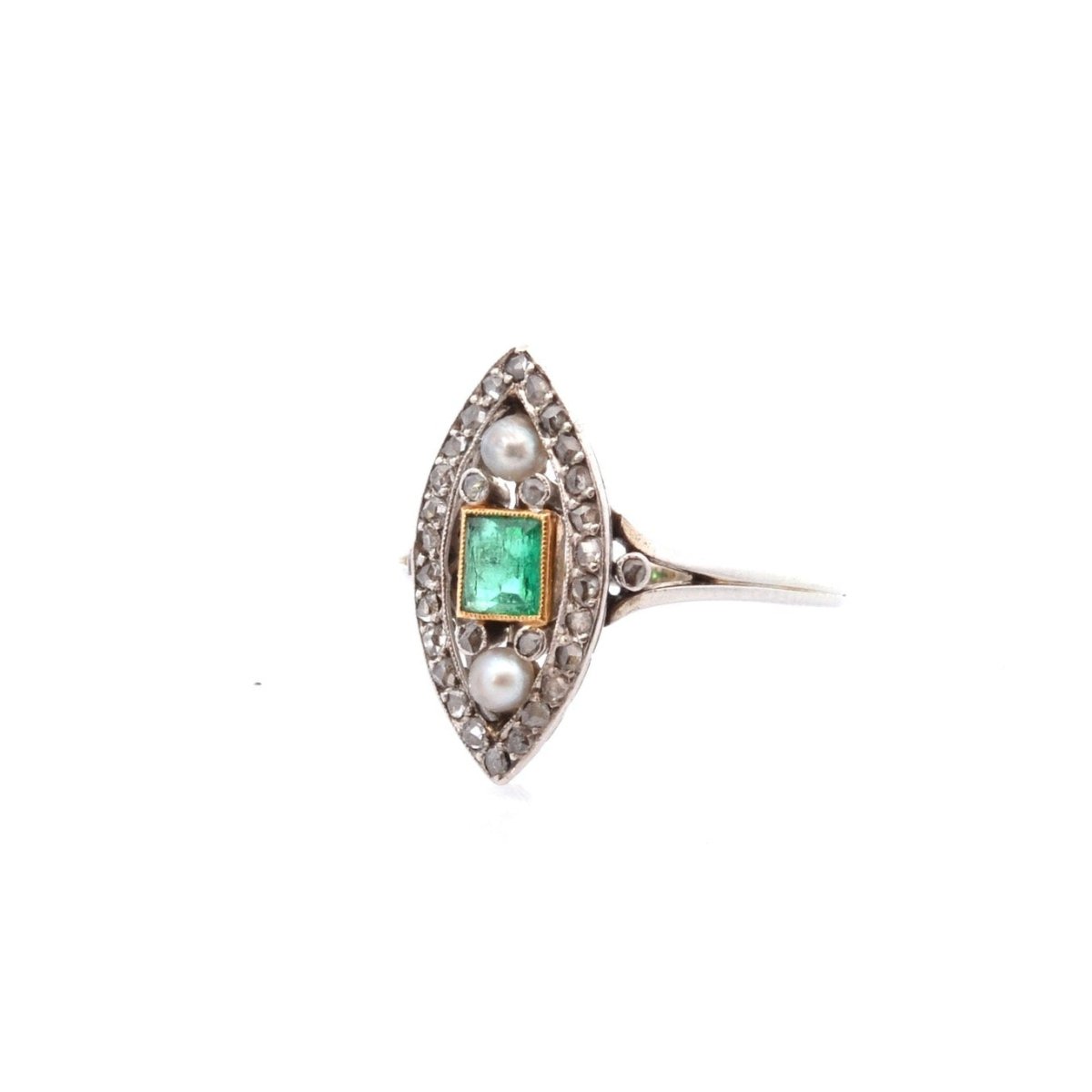 Bague Marquise en or, platine, émeraude, perles et diamants - Castafiore