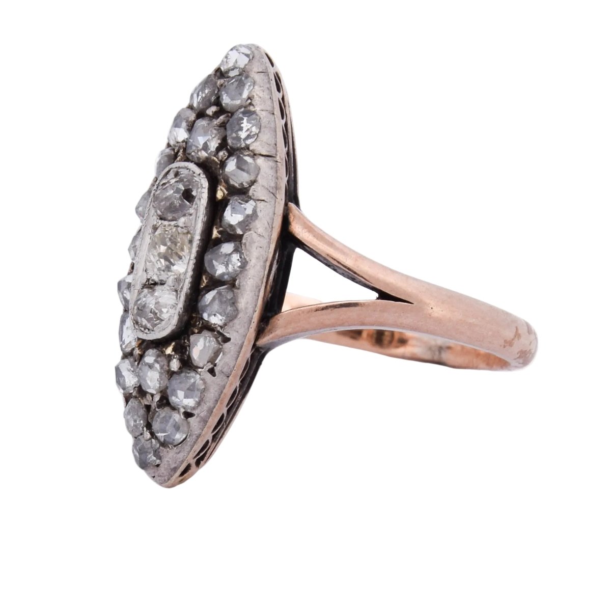 Bague Marquise en or rose, argent et diamants - Castafiore