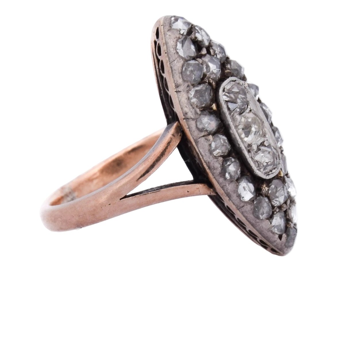 Bague Marquise en or rose, argent et diamants - Castafiore