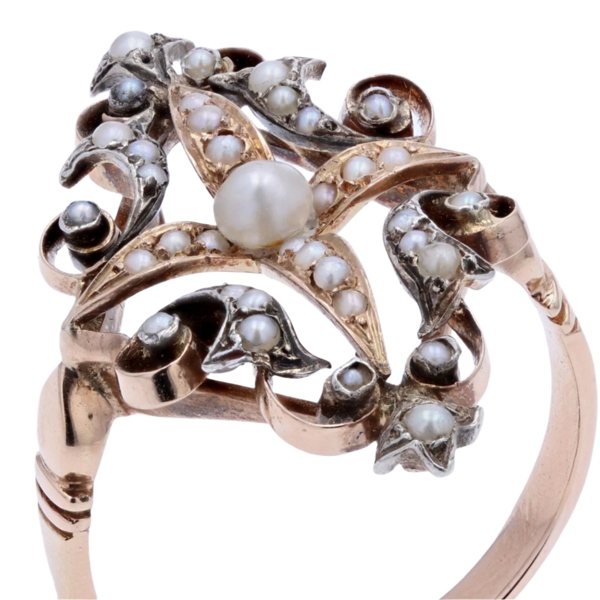 Bague Marquise en or rose, argent et perles - Castafiore